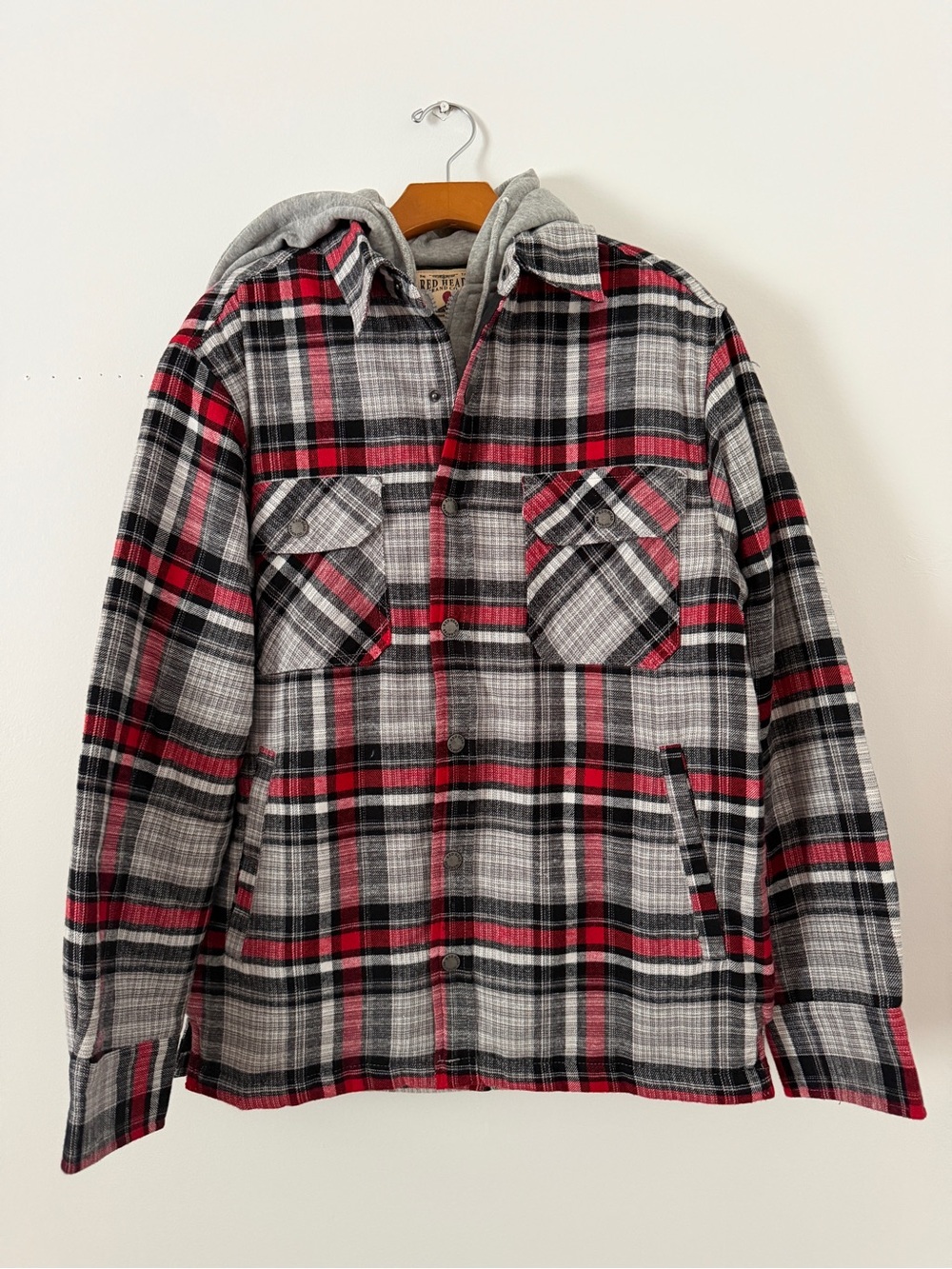 RedHead Red and Gray Plaid Hooded Shirt Jacket
